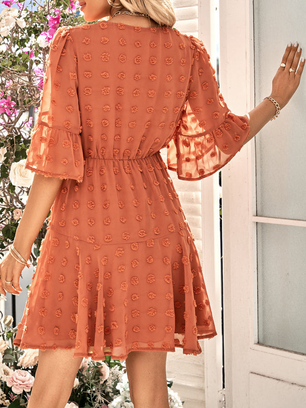 V-neck Clip Dot Chiffon Dress