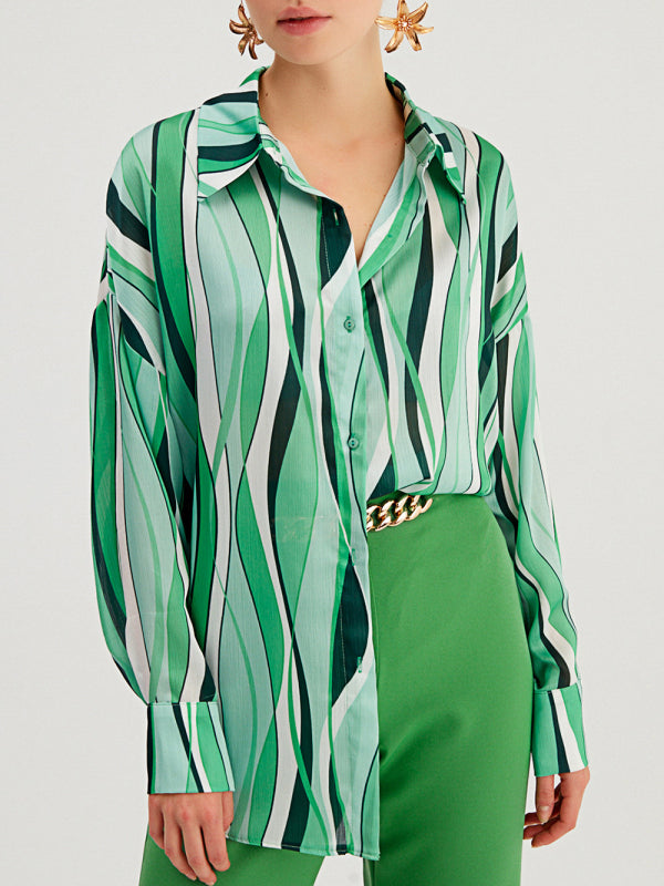 Mixed Print Long-sleeve Silk Button-up Blouse - Serenity Land fashion