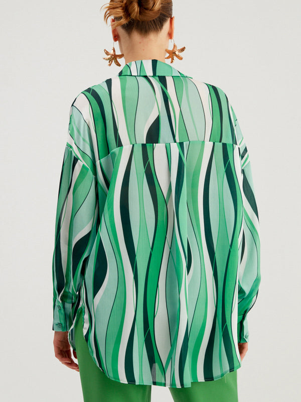 Mixed Print Long-sleeve Silk Button-up Blouse - Serenity Land fashion