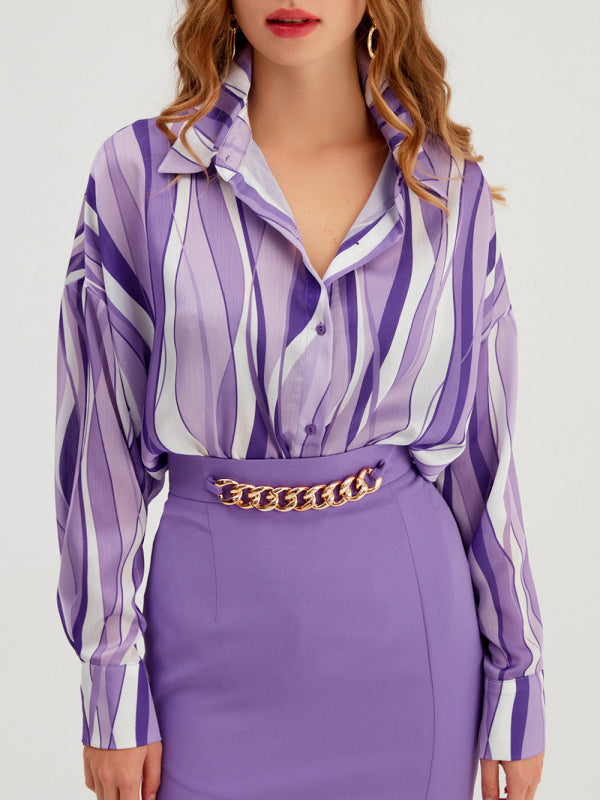 Mixed Print Long-sleeve Silk Button-up Blouse - Serenity Land fashion
