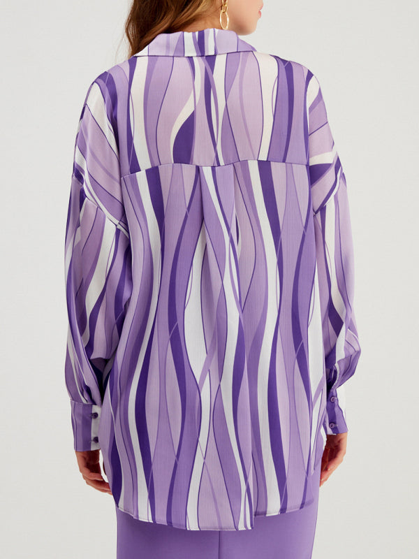 Mixed Print Long-sleeve Silk Button-up Blouse - Serenity Land fashion