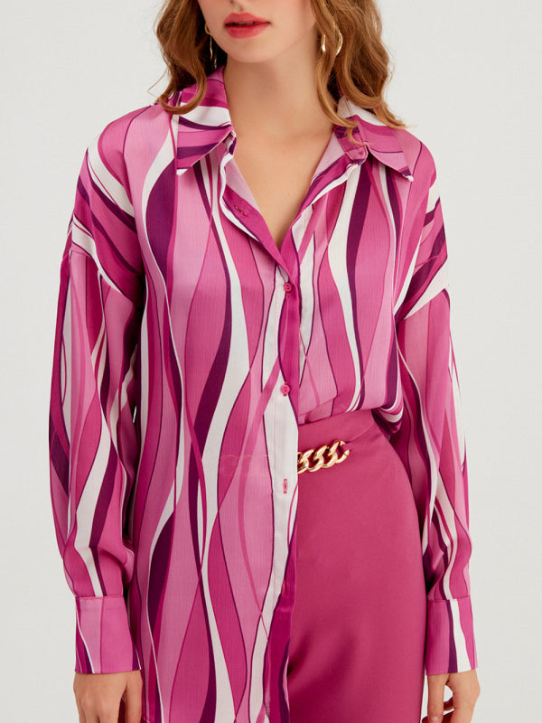 Mixed Print Long-sleeve Silk Button-up Blouse - Serenity Land fashion