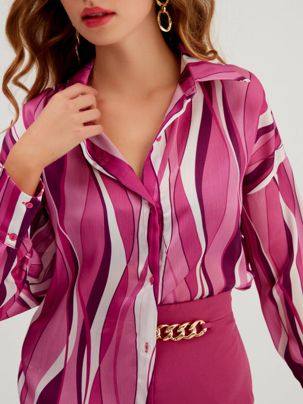 Mixed Print Long-sleeve Silk Button-up Blouse - Serenity Land fashion