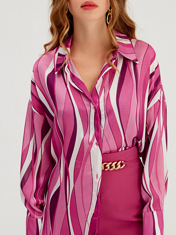 Mixed Print Long-sleeve Silk Button-up Blouse - Serenity Land fashion