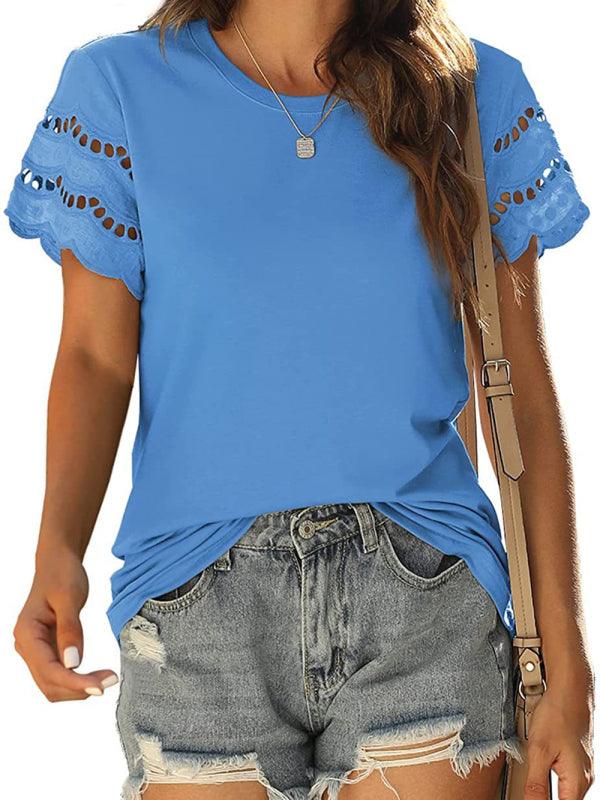 Solid Color Lace Sleeve Knit T-shirt - Serenity Land fashion