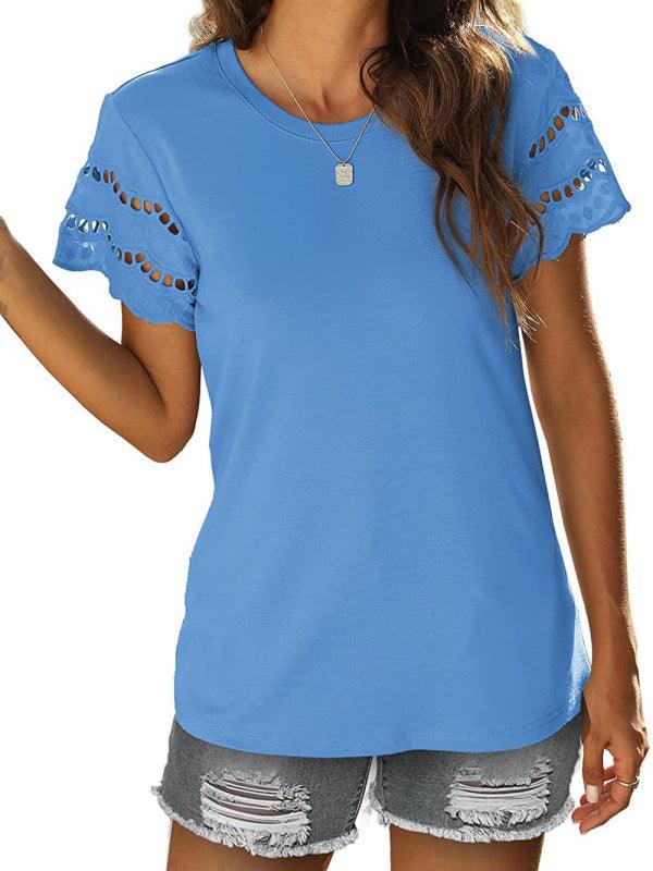 Solid Color Lace Sleeve Knit T-shirt - Serenity Land fashion