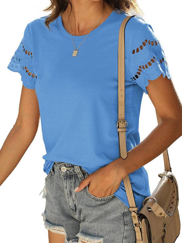 Solid Color Lace Sleeve Knit T-shirt - Serenity Land fashion