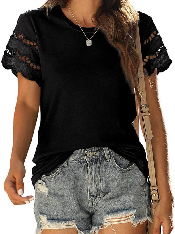 Solid Color Lace Sleeve Knit T-shirt - Serenity Land fashion