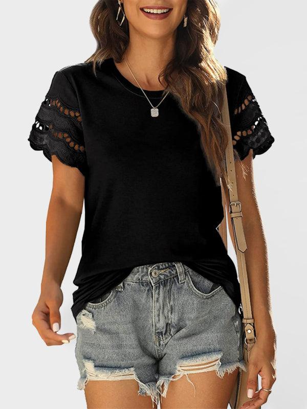 Solid Color Lace Sleeve Knit T-shirt - Serenity Land fashion