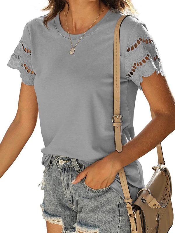 Solid Color Lace Sleeve Knit T-shirt - Serenity Land fashion