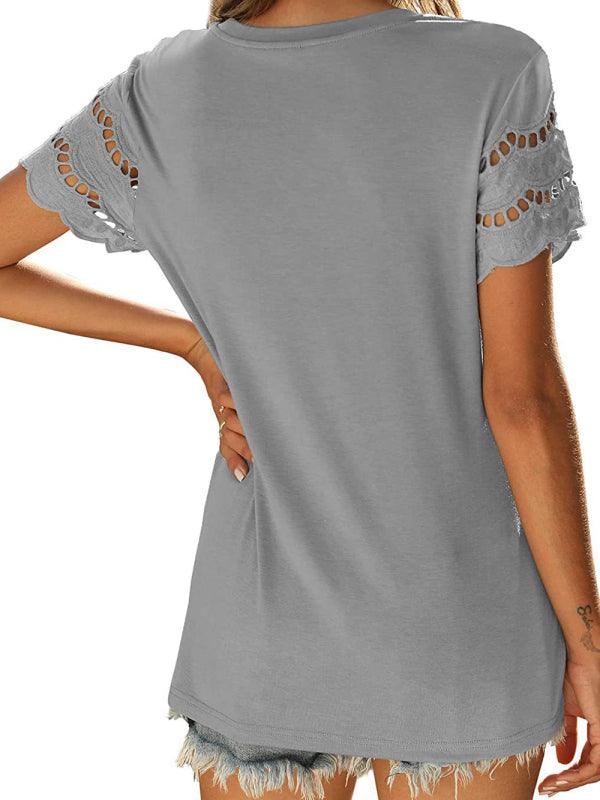 Solid Color Lace Sleeve Knit T-shirt - Serenity Land fashion