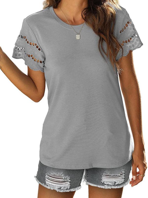 Solid Color Lace Sleeve Knit T-shirt - Serenity Land fashion
