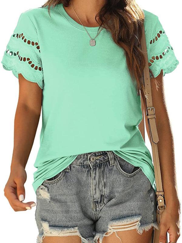 Solid Color Lace Sleeve Knit T-shirt - Serenity Land fashion