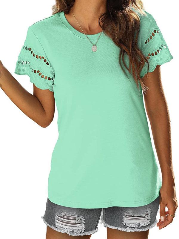 Solid Color Lace Sleeve Knit T-shirt - Serenity Land fashion