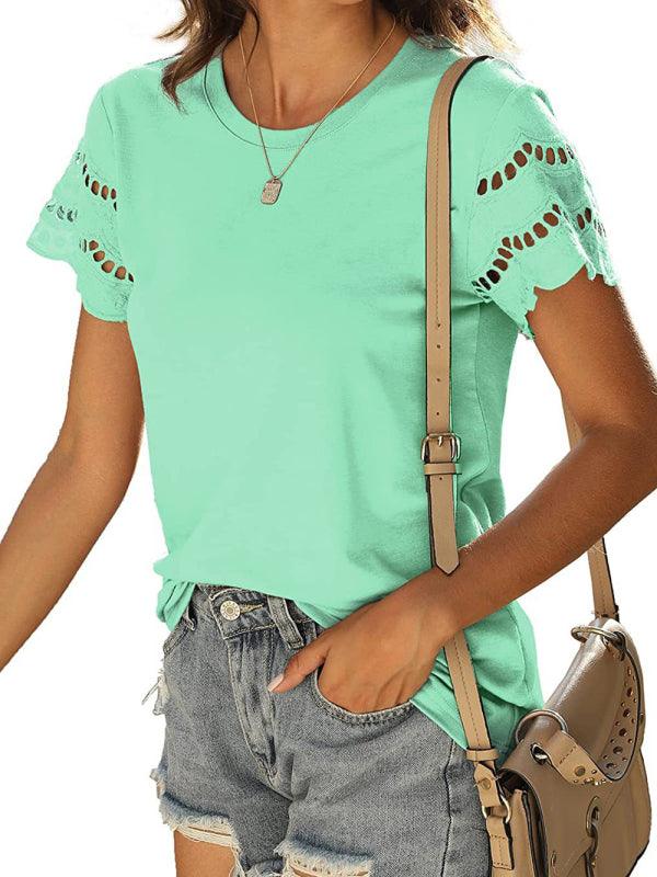 Solid Color Lace Sleeve Knit T-shirt - Serenity Land fashion