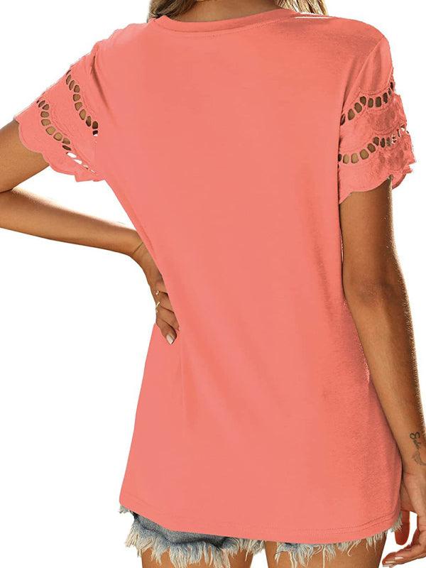 Solid Color Lace Sleeve Knit T-shirt - Serenity Land fashion