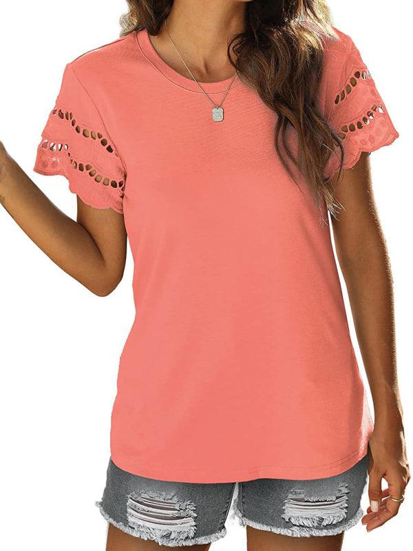 Solid Color Lace Sleeve Knit T-shirt - Serenity Land fashion