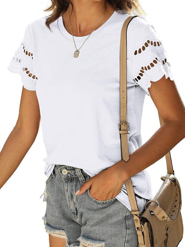 Solid Color Lace Sleeve Knit T-shirt - Serenity Land fashion