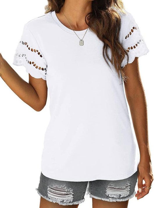 Solid Color Lace Sleeve Knit T-shirt - Serenity Land fashion