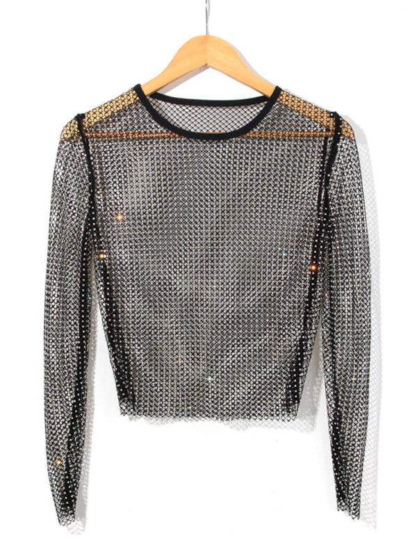 Solid Color Embellished Sheer Fishnet Crop Top - Serenity Land fashion