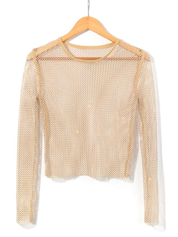 Solid Color Embellished Sheer Fishnet Crop Top - Serenity Land fashion