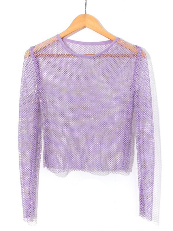Solid Color Embellished Sheer Fishnet Crop Top - Serenity Land fashion
