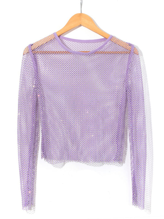 Solid Color Embellished Sheer Fishnet Crop Top - Serenity Land fashion
