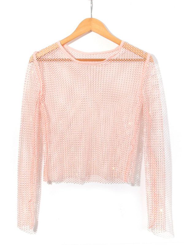 Solid Color Embellished Sheer Fishnet Crop Top - Serenity Land fashion