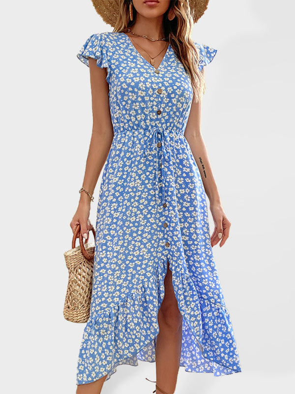 Floral Print Flutter Sleeve V-neck Midi Dress - Serenity Land fashion