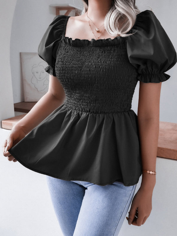 Solid Color Balloon Sleeve Hem Ruffle Chiffon Shirt Top - Serenity Land fashion