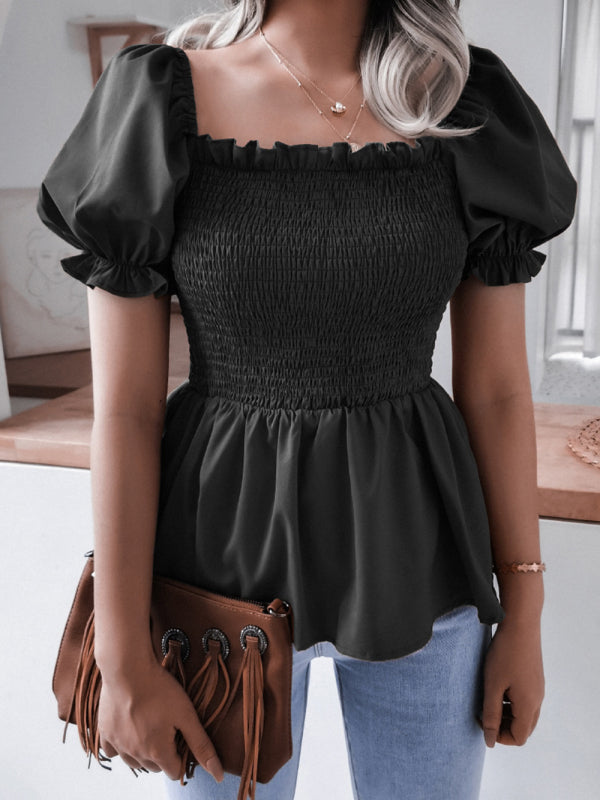 Solid Color Balloon Sleeve Hem Ruffle Chiffon Shirt Top - Serenity Land fashion