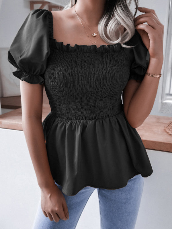 Solid Color Balloon Sleeve Hem Ruffle Chiffon Shirt Top - Serenity Land fashion