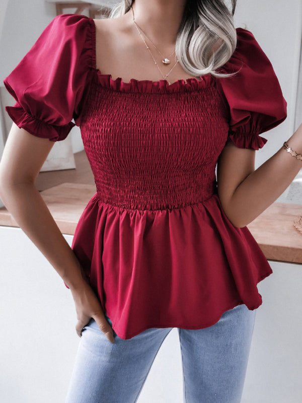 Solid Color Balloon Sleeve Hem Ruffle Chiffon Shirt Top - Serenity Land fashion