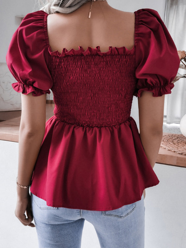 Solid Color Balloon Sleeve Hem Ruffle Chiffon Shirt Top - Serenity Land fashion