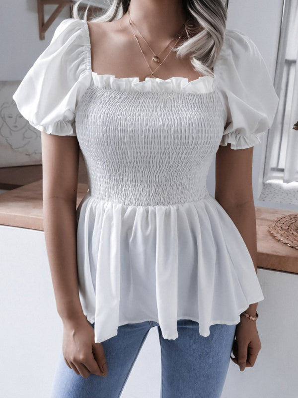 Solid Color Balloon Sleeve Hem Ruffle Chiffon Shirt Top - Serenity Land fashion
