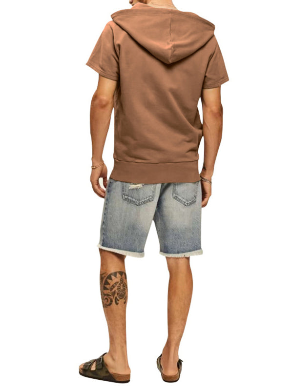 Solid Color Short Sleeve Hoodie - Serenity Land fashion