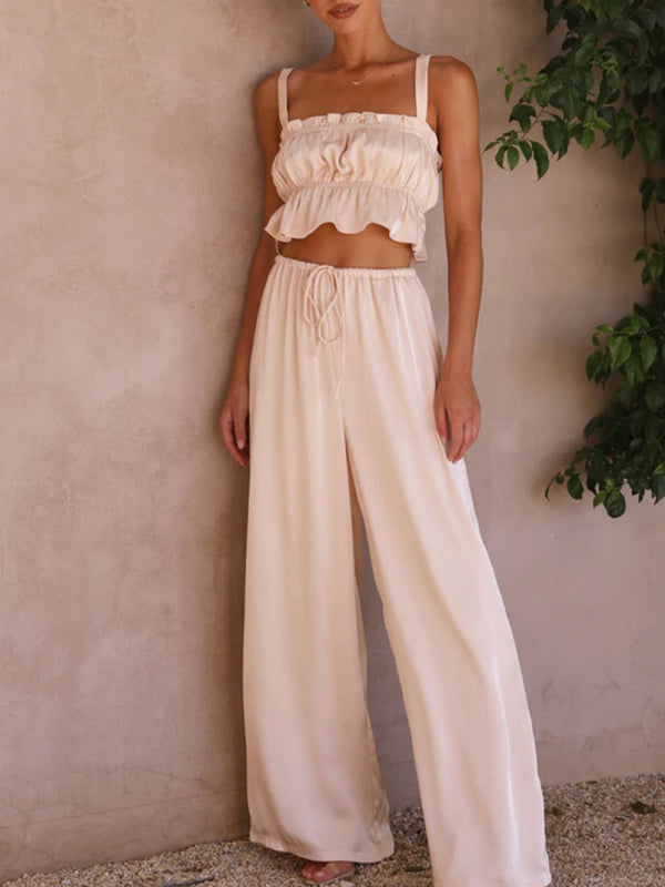 Women's Ruffle Crop Top With Matching Wide-leg Pants