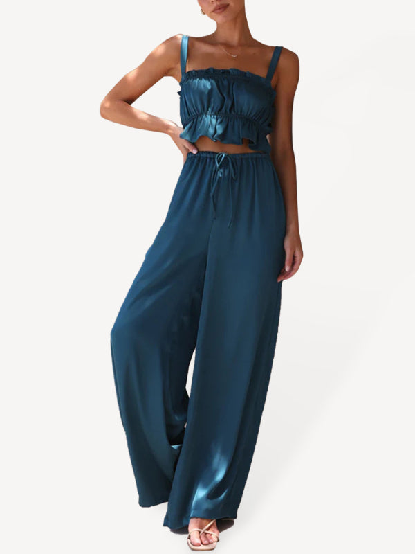 Women's Ruffle Crop Top With Matching Wide-leg Pants