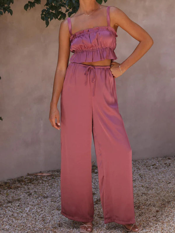 Women's Ruffle Crop Top With Matching Wide-leg Pants