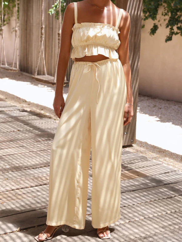Women's Ruffle Crop Top With Matching Wide-leg Pants