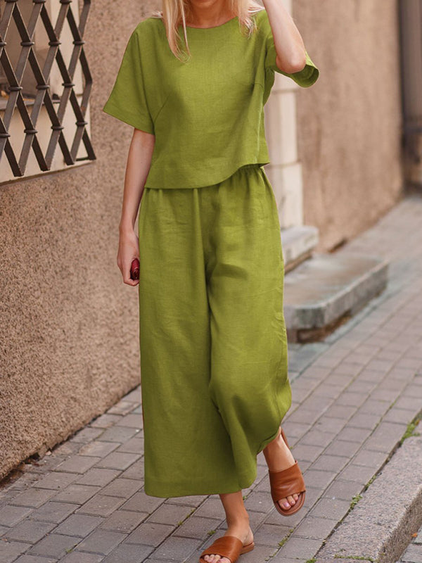 Women's Loose Solid Color Shirt & Trousers Two-Piece Set