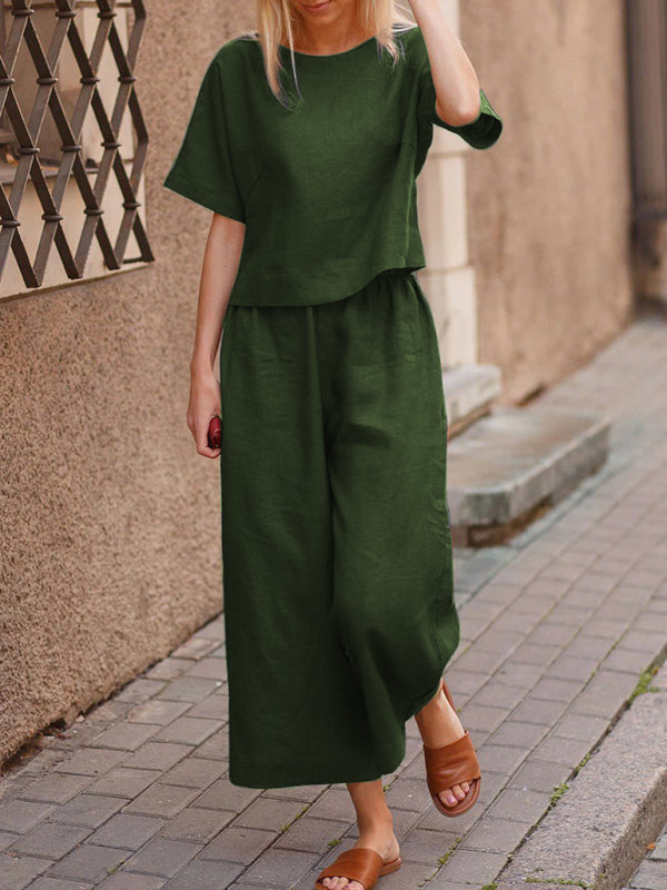 Women's Loose Solid Color Shirt & Trousers Two-Piece Set