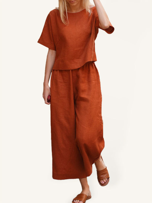 Women's Loose Solid Color Shirt & Trousers Two-Piece Set