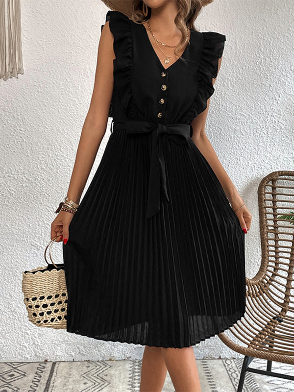 Solid Color Ruffle Summer Pleated Sleeveless Dress - Serenity Land fashion