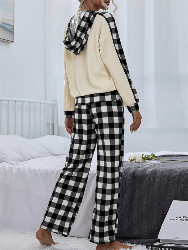 Mix Media Plush Hoodie And Plaid Print Pants - Serenity Land fashion