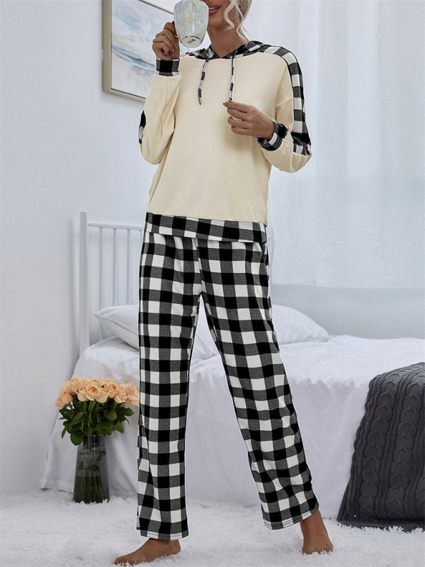 Mix Media Plush Hoodie And Plaid Print Pants - Serenity Land fashion