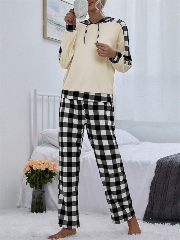 Mix Media Plush Hoodie And Plaid Print Pants - Serenity Land fashion