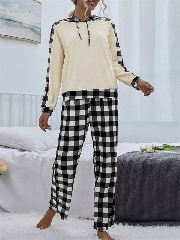 Mix Media Plush Hoodie And Plaid Print Pants - Serenity Land fashion