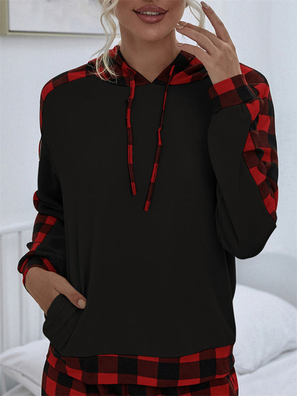 Mix Media Plush Hoodie And Plaid Print Pants - Serenity Land fashion