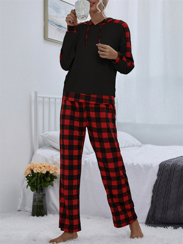 Mix Media Plush Hoodie And Plaid Print Pants - Serenity Land fashion
